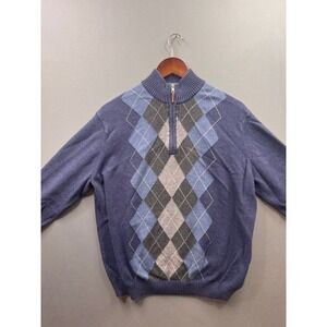 G.H. Bass & Co. Quarter Zip Sweater Mens Blue Argyle Cotton Mock Neck Large